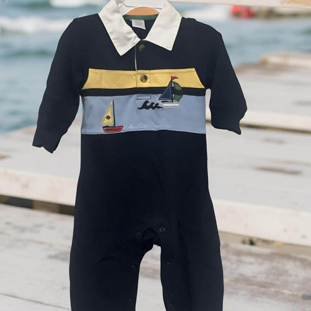 Gymboree NWT SAILING CLUB Navy Blue SailBoat Romper Outfit 6- 12 mos